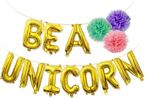 BE A UNICORN Balloons Banner Gold, Mylar Letter Balloon with Pom Poms for Unicorn Birthday Party ... | Amazon (US)