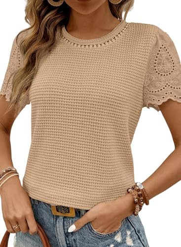 SHEWIN Womens Frenchy Summer Tops Crewneck Short Sleeve T Shirts Casual Waffle Knit Jacquard Blou... | Amazon (US)