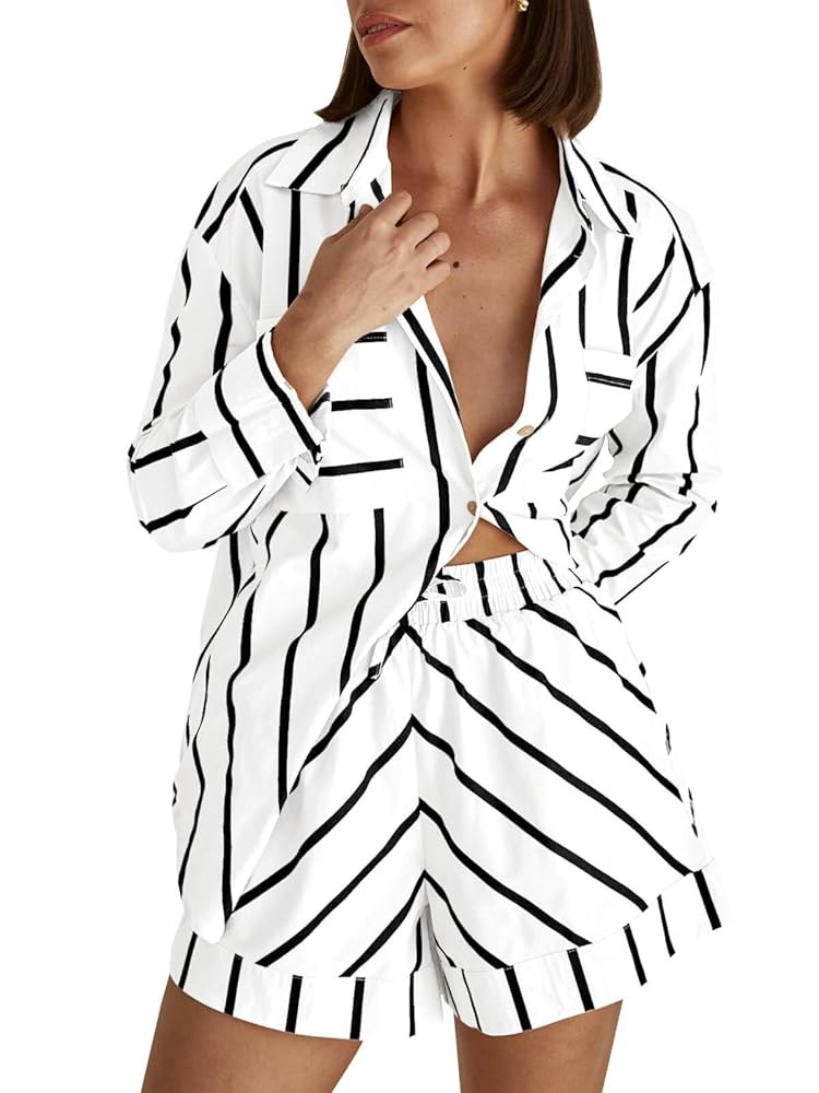 Tankaneo Womens Striped 2 Piece Outfits Button Down Shirts and Shorts Lounge Matching Sets | Amazon (US)