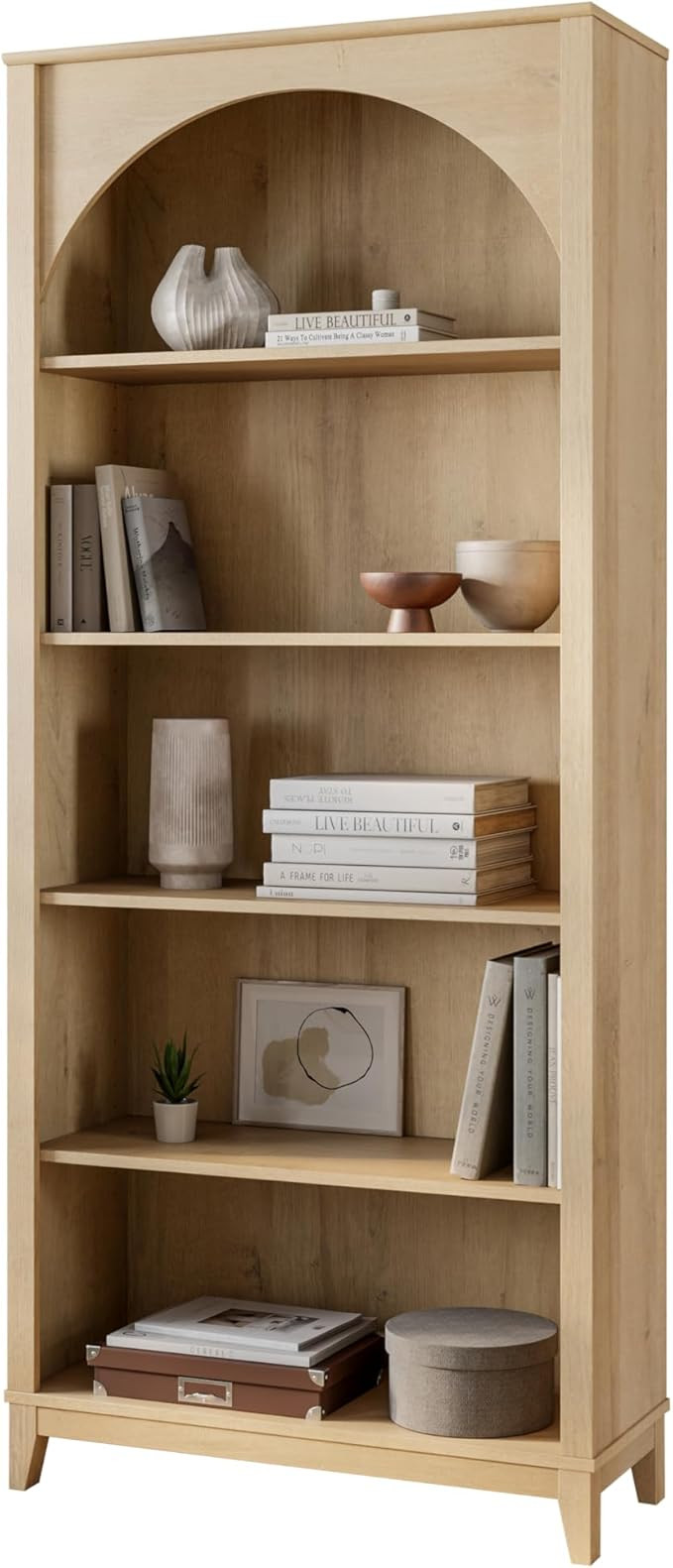 Prepac Ark 78" Tall 5-Tier Arched Bookcase in Natural Oak, Modern Storage Accent Bookshelf with 3... | Amazon (US)