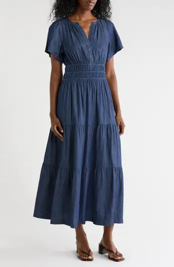 Tommy Hilfiger Chambray Short Sleeve Maxi Dress in Dark Wash at Nordstrom Rack, Size 2 | Nordstrom Rack