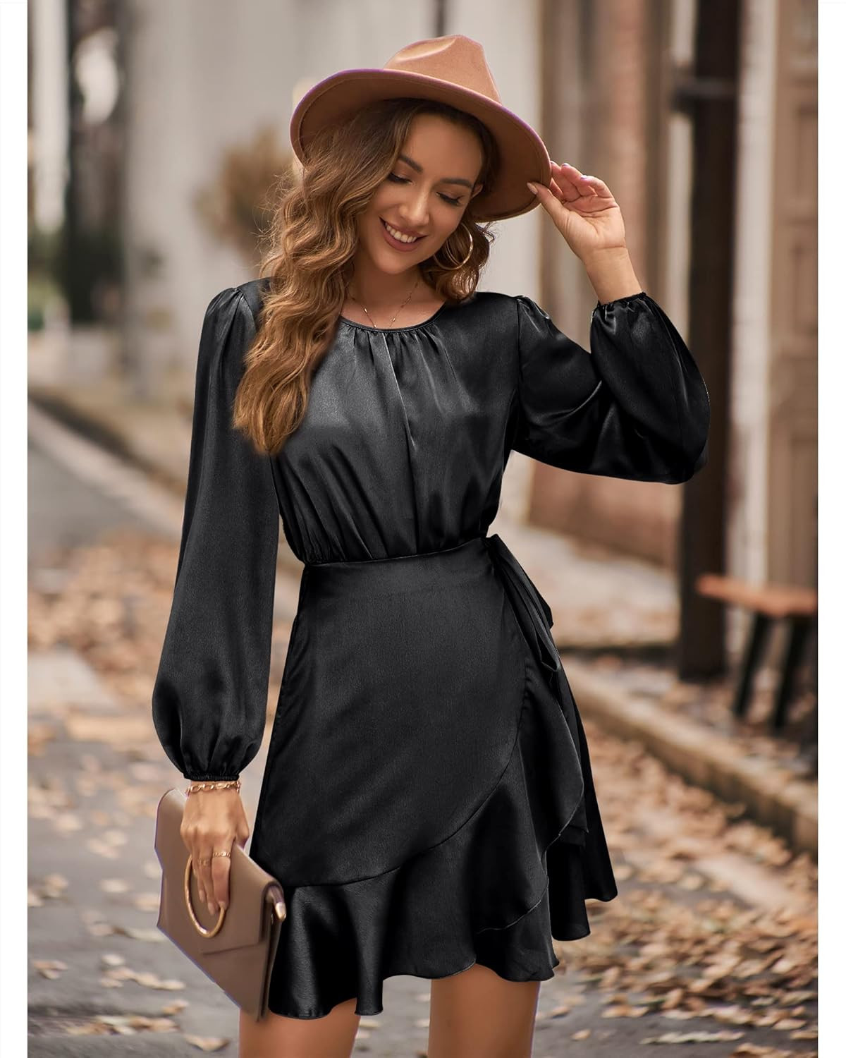 ULTRANICE Women's Satin Dress 2022 Fall Winter Long Sleeve Crew Neck Tie Waist Fishtail Ruffle He... | Amazon (US)