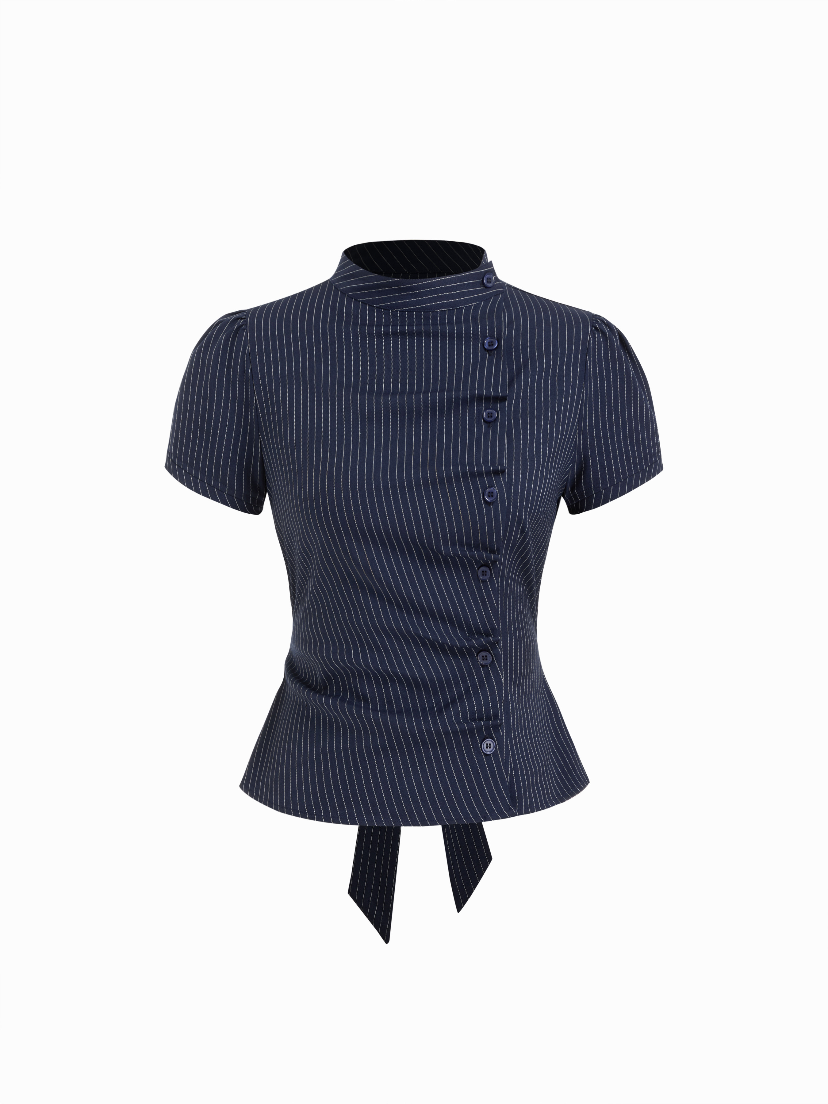 Woven Plaid Stand Collar Puff Sleeve Tie Back Button Blouse For Daily Casual | Cider