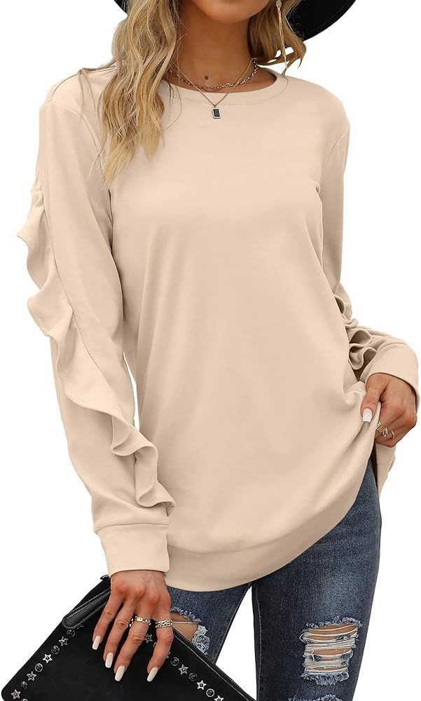Saloogoe Crewneck Sweatshirts Long Sleeve Casual Tops with Ruffle Sleeve Fall Winter Clothes Soft... | Amazon (US)