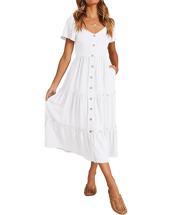 KIRUNDO Womens Summer Dresses 2024 Casual Short Sleeve Button V Neck Tiered A Line Flowy Beach Mi... | Amazon (US)