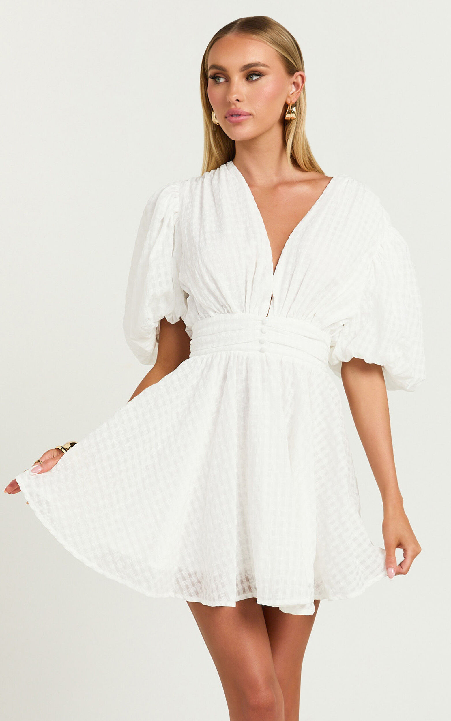 Xandy Mini Dress - Textured Puff Sleeve Plunge Dress in White | Showpo (US, UK & Europe)
