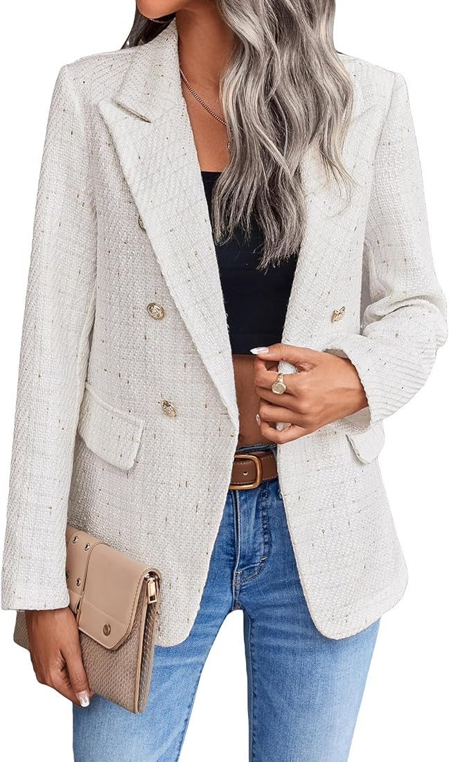 MakeMeChic Women's Tweed Blazer Long Sleeve Lapel Neck Button Front Blazer Jacket Coat | Amazon (US)