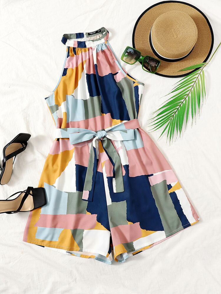 SHEIN VCAY Plus Colorblock Geo Print Belted Halter Romper | SHEIN
