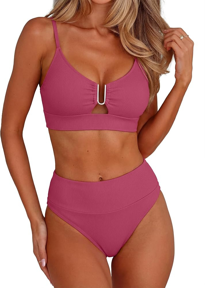 ANRABESS Bikini Sets for Women Summer High Waisted 2 Piece Bathing Suit Ribbed U-Wire Cutout Swim... | Amazon (US)