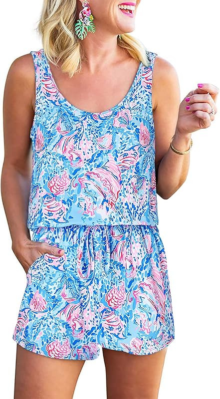 RAISEVERN Womens Rompers Jumpsuits Sleeveless 3D Printed Camisole Tank Top Short Pants Rompers | Amazon (US)