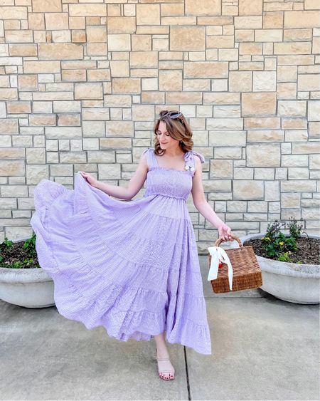 A purple gingham maxi summer dress with a wicker basket handbag  is the perfect summer casual outfit 

#LTKunder50 #LTKSeasonal #LTKitbag