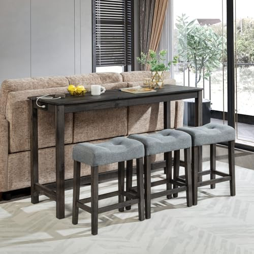 FUvellamo 4 Piece Bar Dining Table Set with Power Outlet, Modern Sofa Bar Table with Chairs, Behind Couch Table with 3 Padded Stools,for Living Room Dining Room, Dark Gray | Amazon (US)
