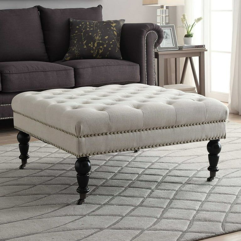 Linon Isabelle Square Wood Upholstered Ottoman in Natural Beige | Walmart (US)