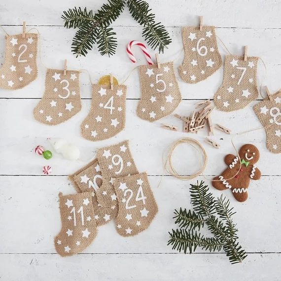 Hassian stockings Christmas Advent Calendar garland -Rustic Christmas decoration, Hanging christm... | Etsy (US)