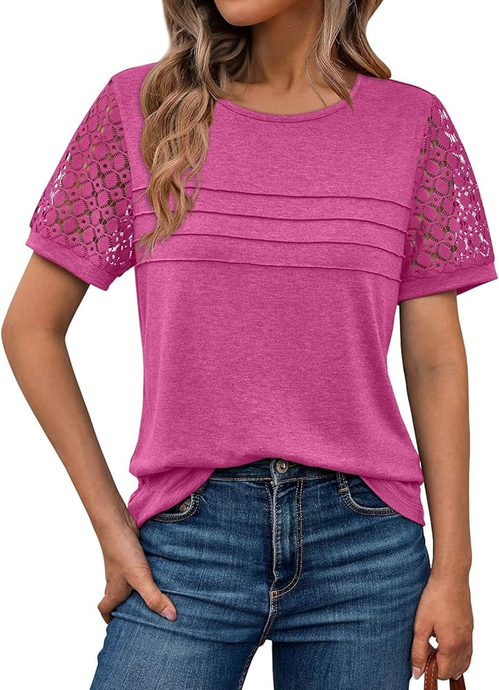 AUTOMET Women's Short Sleeve Shirts Dressy Lace Summer Tops 2026 Spring Trendy Casual T-Shirts Cu... | Amazon (US)