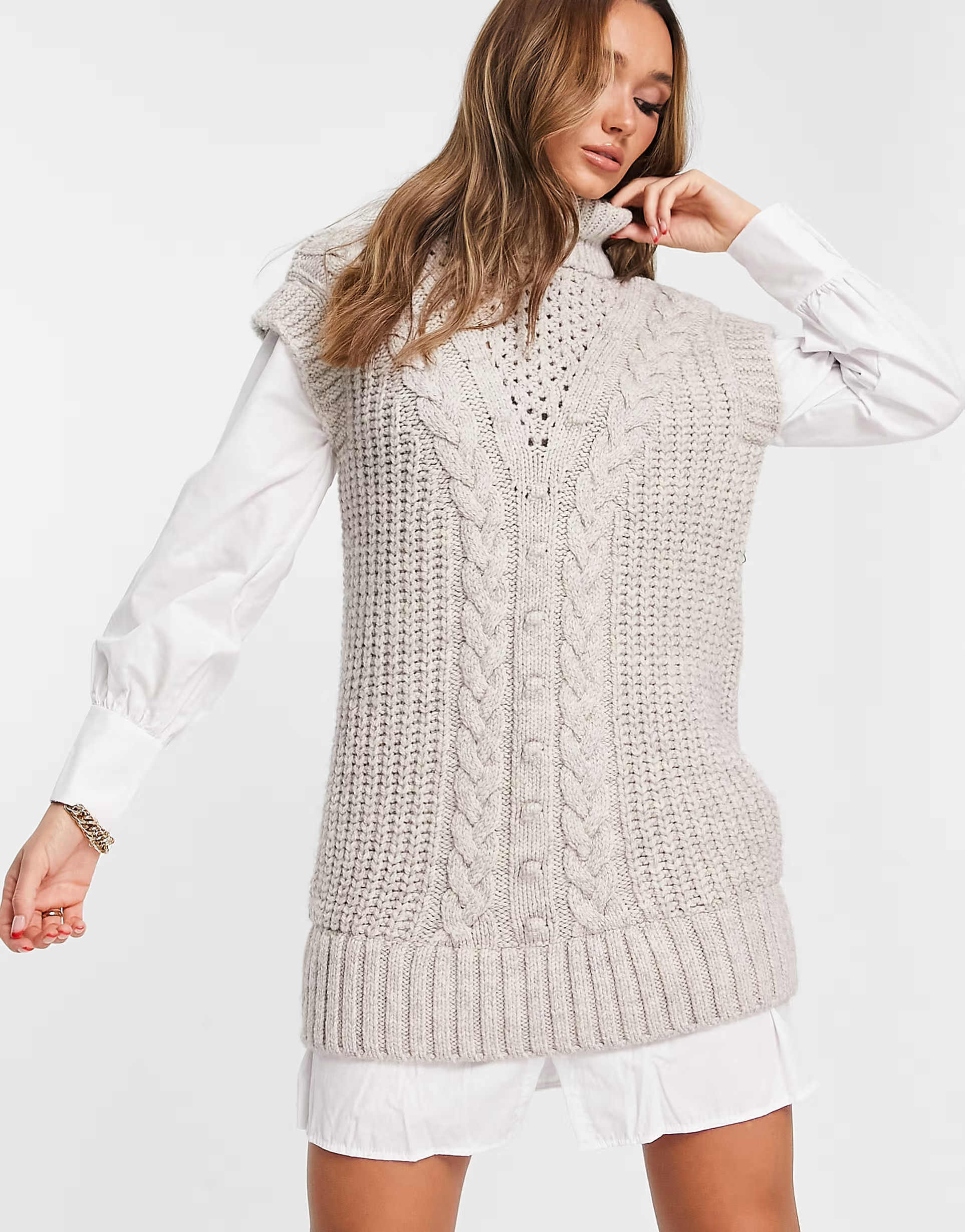 River Island cable knit roll neck hybrid sweater mini dress in beige | ASOS (Global)