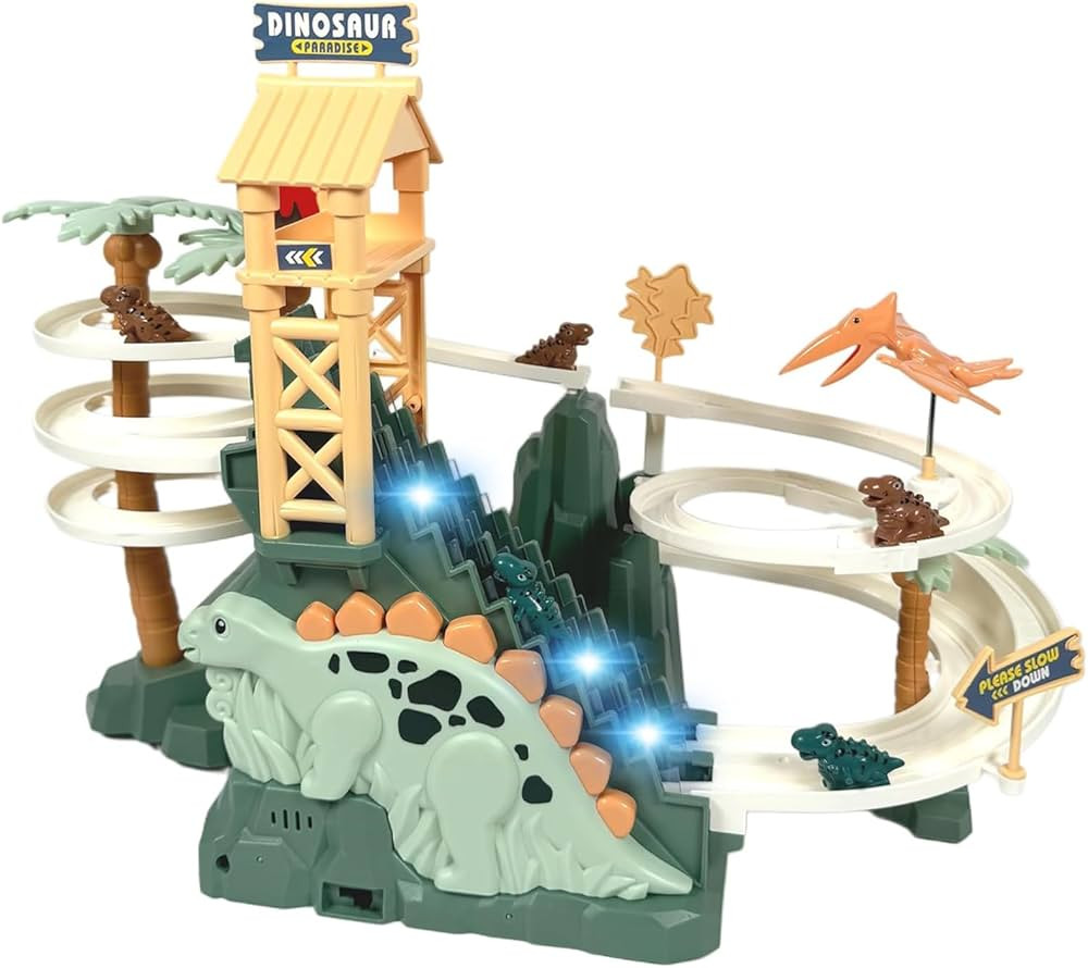 Dinosaur Chasing Race Track, Dinosaur Climbing Slide Toy, Electric Dinosaur Roller Coaster with L... | Amazon (US)