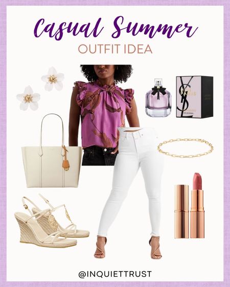 This stylish summer outfit includes a purple blouse, white pants, floral earrings, and more!

#casualstyle #outfitinspo #summerfashion #outfitinspo

#LTKU #LTKSeasonal #LTKstyletip