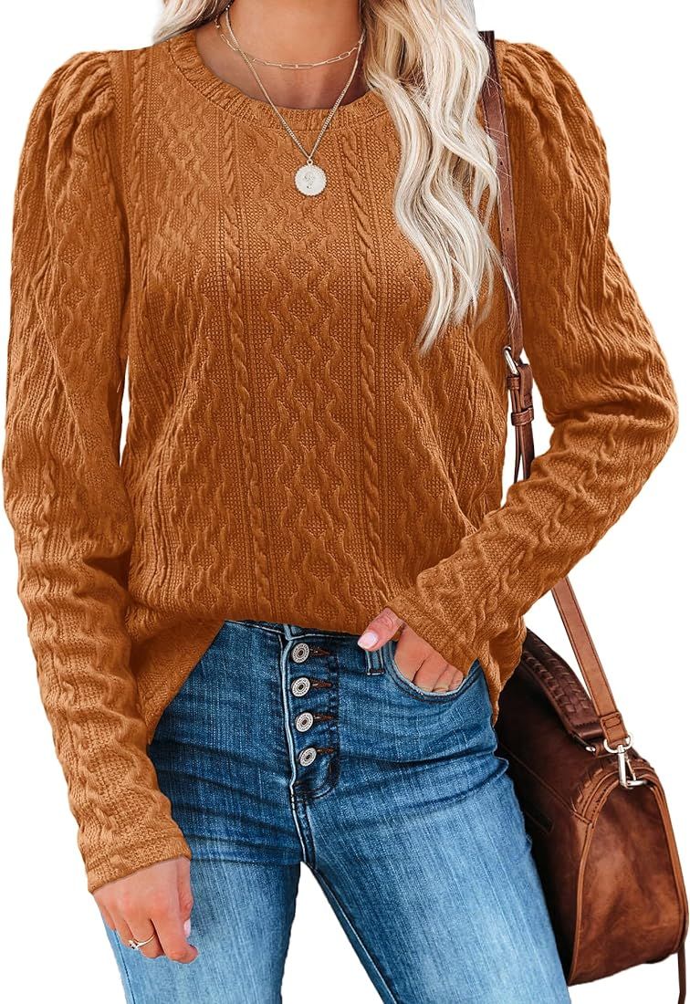 WIHOLL Womens Sweaters Trendy Round Neck Long Sleeve Tops Loose Fit | Amazon (US)
