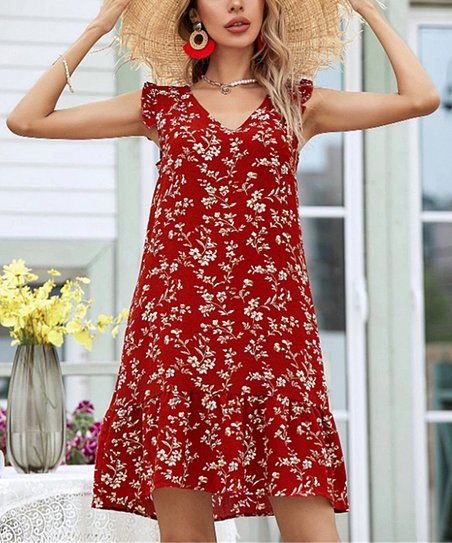 Red & Tan Floral Flutter-Sleeve Ruffle-Hem Dress - Women | Zulily