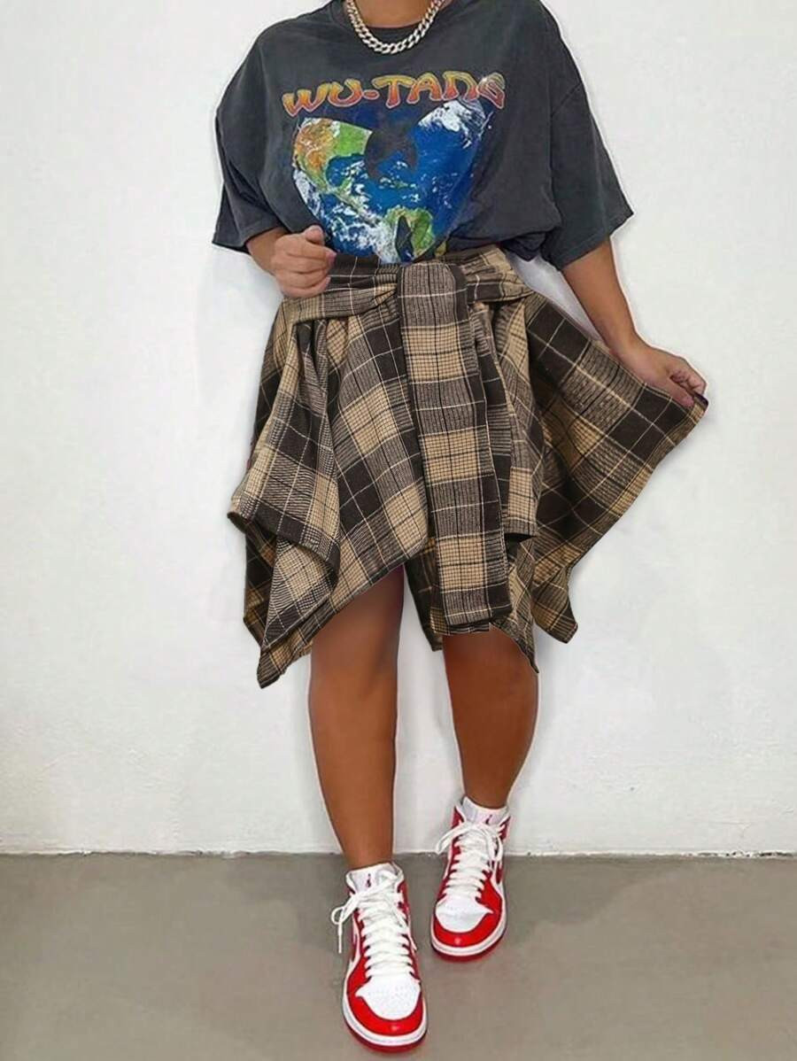 Plus Size Hip Hop Plaid Skirt 2025 - Women's Streetwear Tartan Skirt With Detachable Sleeves, Mul... | SHEIN