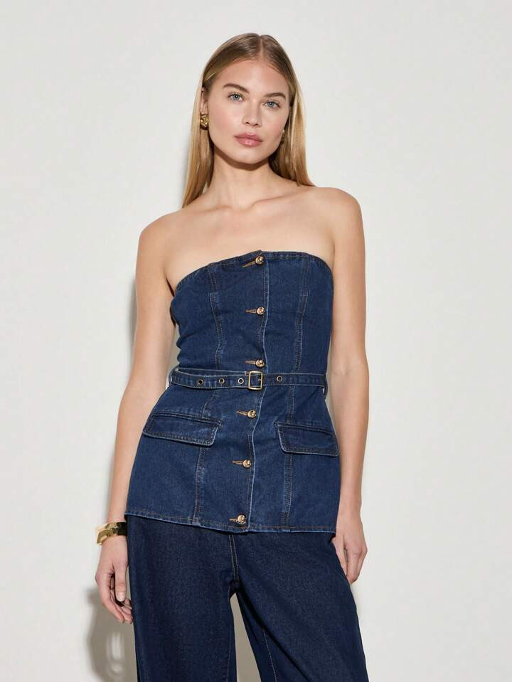 AiiRZ Bandeau Longline Raw Indigo Denim Top With Belt | SHEIN