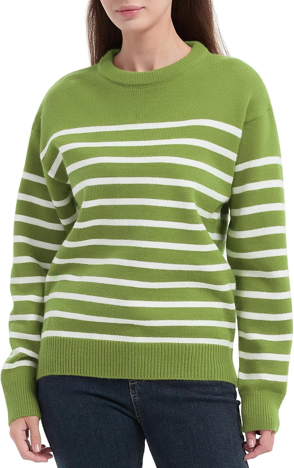 Tronjori Womens Striped Jacquard Crewneck Sweaters Pullover Casual Fall Winter Long Sleeve Knit Tops | Amazon (US)