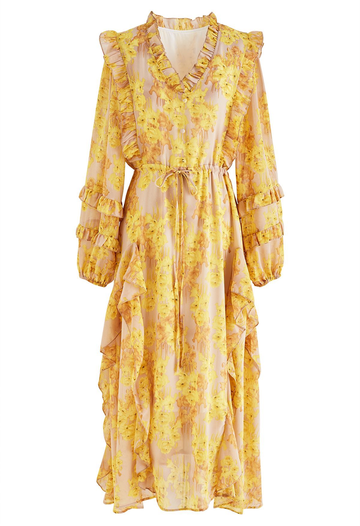 Elegant Floral Ruffle Trim Tie Waist Chiffon Dress in Yellow | Chicwish