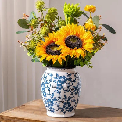 Blue And White Vintage Vase, Ceramic Chinoiserie Floral Vases, Round Farmhouse Rustic Table Centerpiece, Tuscan Home Decor, Large Crackle Glaze Flower | Wayfair North America