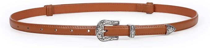 LEACOOLKEY Women Skinny Leather Belt for Dress Western Buckle Adjustable Thin Waist Belt for Jean... | Amazon (US)