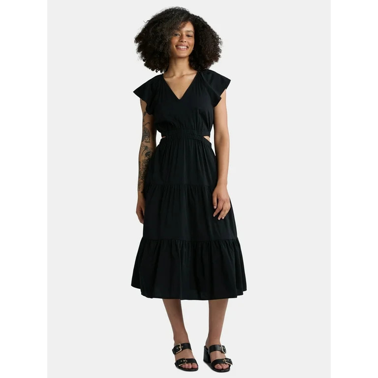 Time and Tru Women's Cut Out Midi Dress with Flutter Sleeves, Sizes XS-XXXL | Walmart (US)