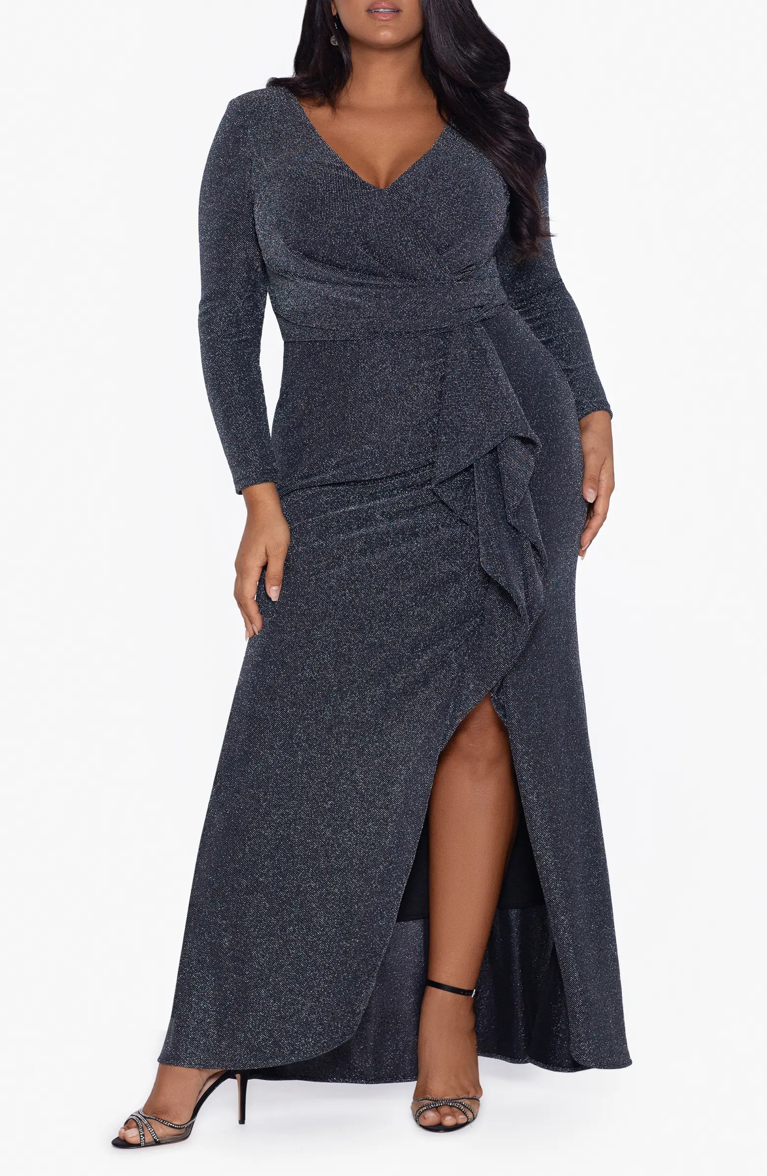 Metallic Long Sleeve Ruffle Side Slit Gown | Nordstrom