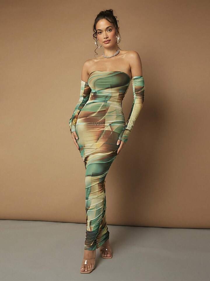 SHEIN BAE Allover Print Ruched Tube Bodycon Dress With Arm Sleeve | SHEIN