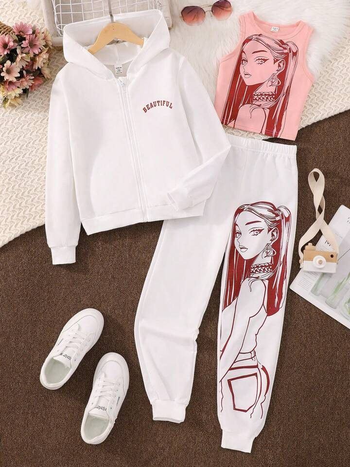 Teen Girl Letter & Figure Graphic Hoodie & Tank Top & Sweatpants | SHEIN