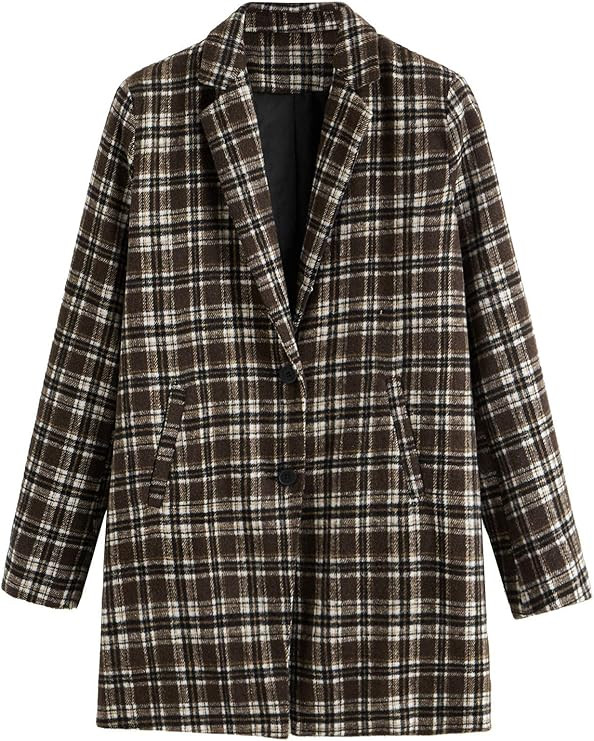 SheIn Women's Lapel Collar Coat Long Sleeve Plaid Blazer Outerwear | Amazon (US)