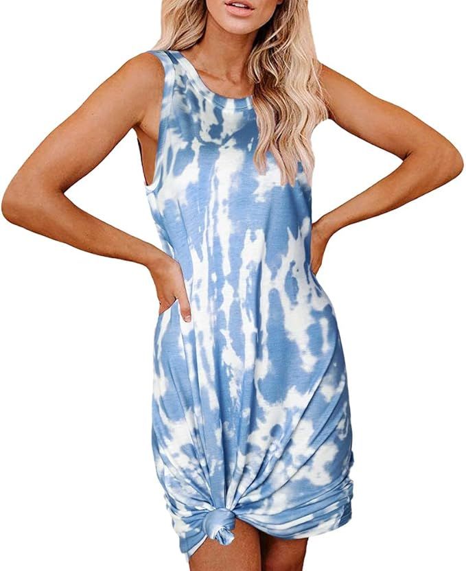 Women’s Casual Tie Dye Short Dress Crew Neck Sleeveless Loose T Shirt Mini Dress | Amazon (US)