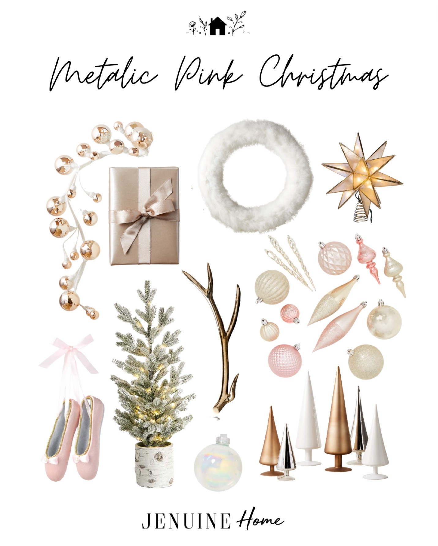Metallic pink Christmas. Pink Christmas decor. Metallic Christmas tree decor. Target Christmas. Pink ornament collection. Gold reindeer antler decor. Mini pre lit Christmas tree. Ballet slipper ornament. Metallic pink garland. Christmas star. Fluffy wreath. White wreath. Iridescent ornaments  

#LTKhome #LTKSeasonal #LTKHoliday