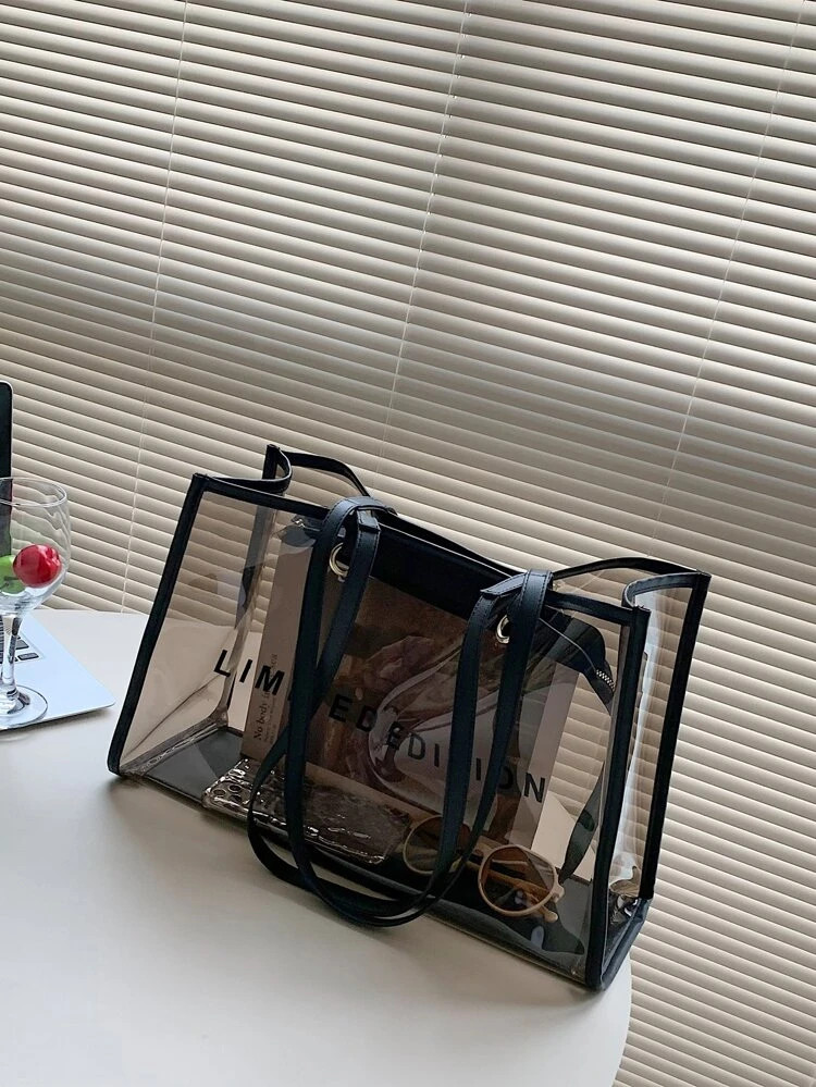 Clear Letter Graphic Contrast Binding Shoulder Tote Bag | SHEIN