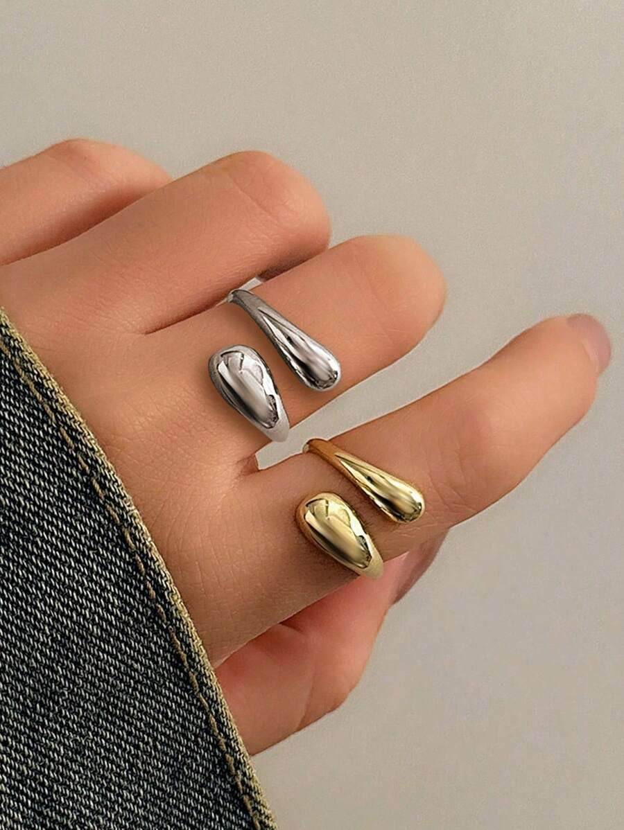 2pcs Minimalist Stainless Steel Geometric Water Drop Adjustable Open Rings For Women | SHEIN