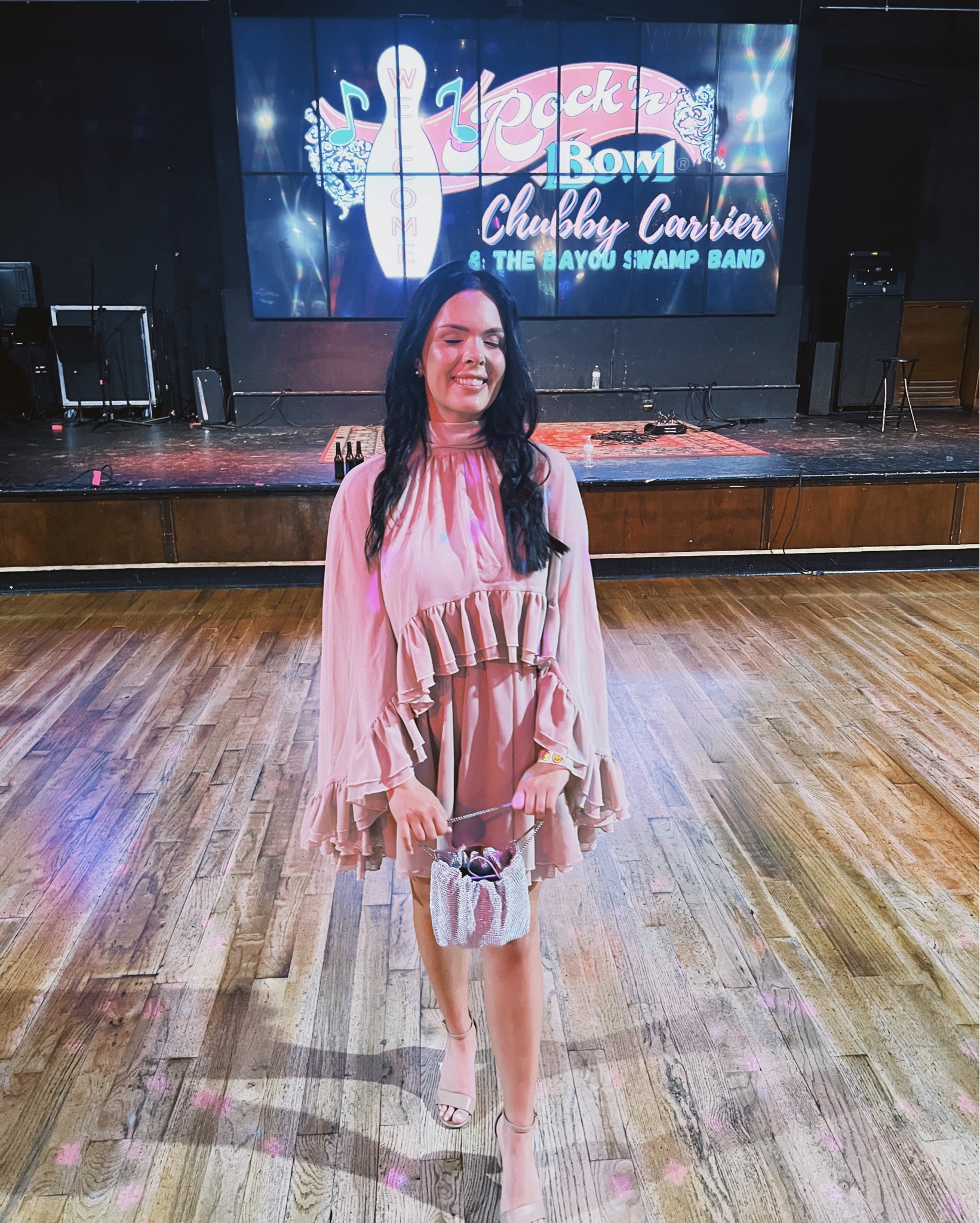 New Orleans Rehearsal Dinner Wedding Guest Dress 🩷 Pink cape mini dress with rhinestone silver purse ✨ NOLA Rock n Bowl 

Homecoming Dress Blush Baby Shower Guest Dress 

#LTKWedding #LTKootd #LTKFindsUnder100