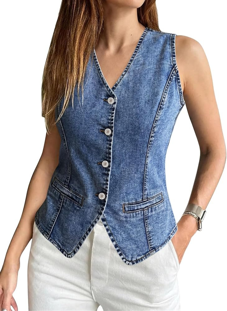 SANMM Denim Vest Women Summer Sleeveless Strechy Western Button Down Jean Vest Top | Amazon (US)