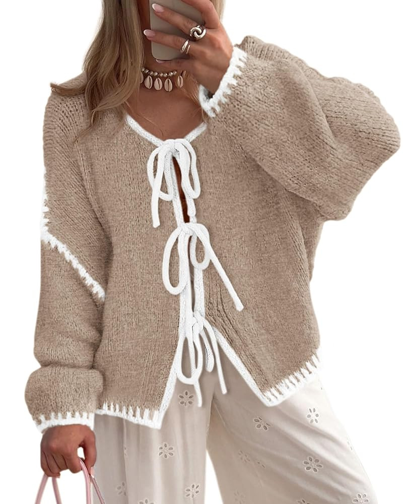 PRETTYGARDEN Women's Tie Front Bow Cardigan Sweaters Chunky Knit Long Puff Sleeve Trendy Fall Win... | Amazon (US)