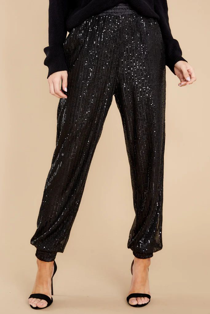 Sparkle With Me Black Satin Trim Sequin Joggers | Red Dress 
