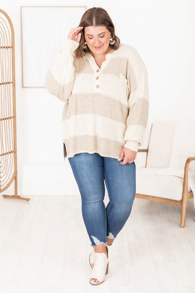 Know You Best Beige Oversized Striped Henley Sweater | Pink Lily