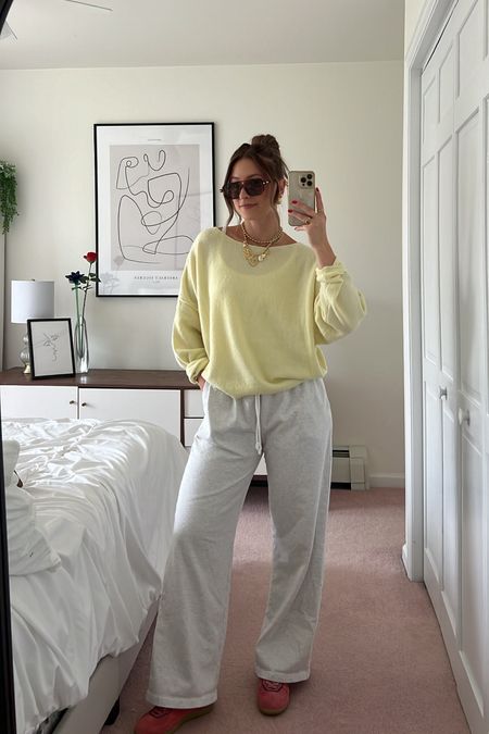 4/20/24 Saturday uniform 🫶🏼 Yellow outfit, yellow sweater, light yellow sweater, grey sweatpants, relaxed sweatpants, pink sneakers, alohas sneakers, spring fashion 2024, spring fashion trends 2024, spring shoes, spring outfits, casual spring outfit inspo 