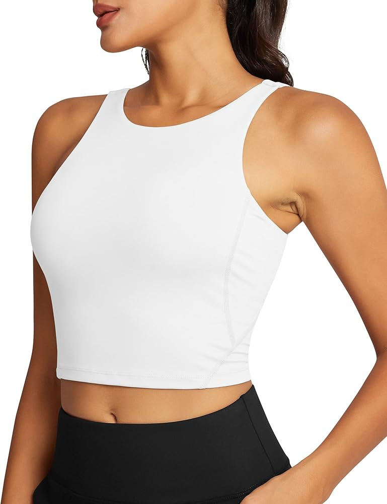 Womens Longline Sports Bra High Neck Crop Tank Tops for Gym Medium Support Yoga Vest Built in Bra | Amazon (UK)