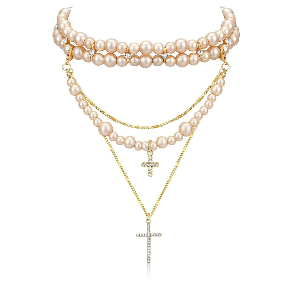 Layered Pearl Necklace Statement Y2k Pearl Cross Necklace Stacked Rhinestone Pearl Necklace for W... | Amazon (US)