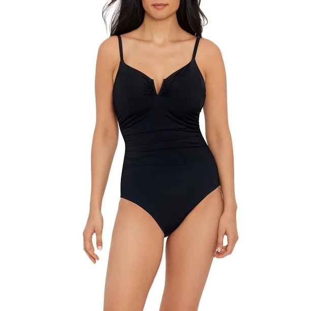 Time and Tru Women's and Women’s Plus Size Black V Wire Shirred One Piece Swimsuit | Walmart (US)