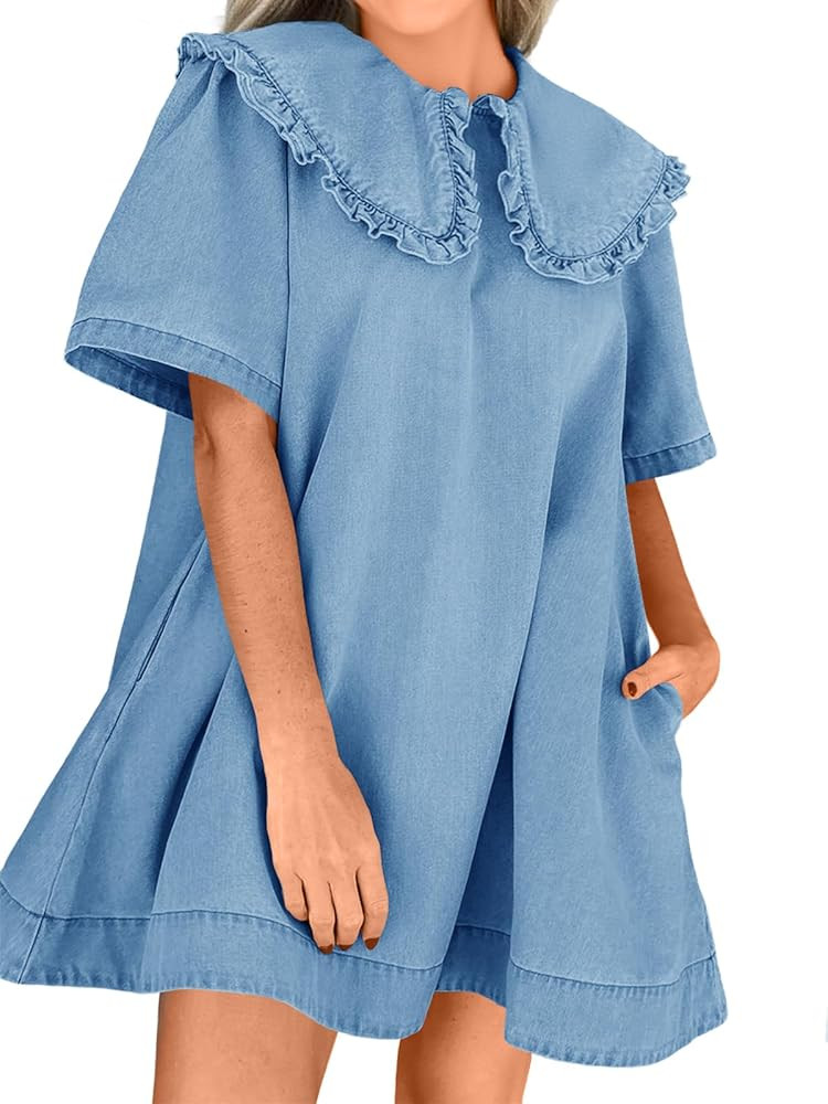 Wenrine Womens Summer Denim Mini Dress Oversized Peter Pan Collar Short Sleeve Casual Flowy Babyd... | Amazon (US)