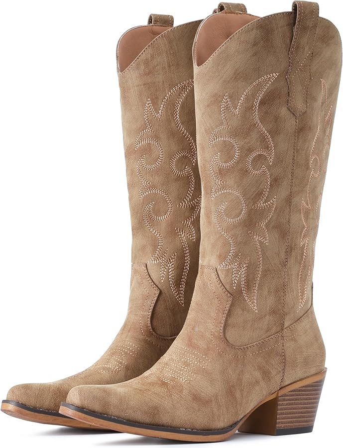 IUV Cowboy Boots For Women Western Cowgirl Boots Mid Calf Snip Toe Boot With Chunky Heel | Amazon (US)